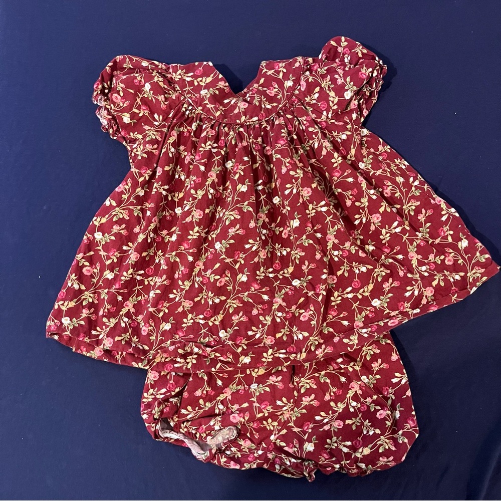 Petit Pomme Floral Maroon Baby Dress with Bloomers. Missing a button on the back